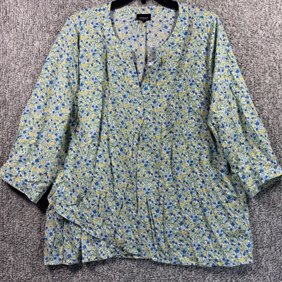 Jones New York Tops - Jones New York Blouse Blue Yellow Floral 3/4 Sleeve Rayon Top Womens 1X